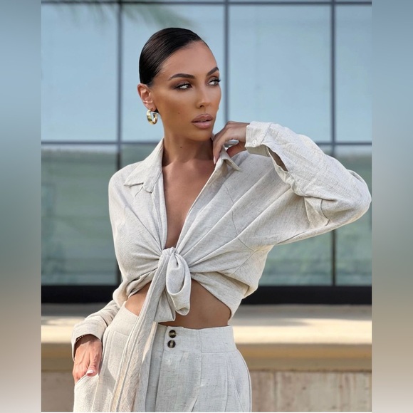 JLUXLABEL Soho Linen Slip my mind tie front Blouse in baby Pink size Large - Picture 1 of 7